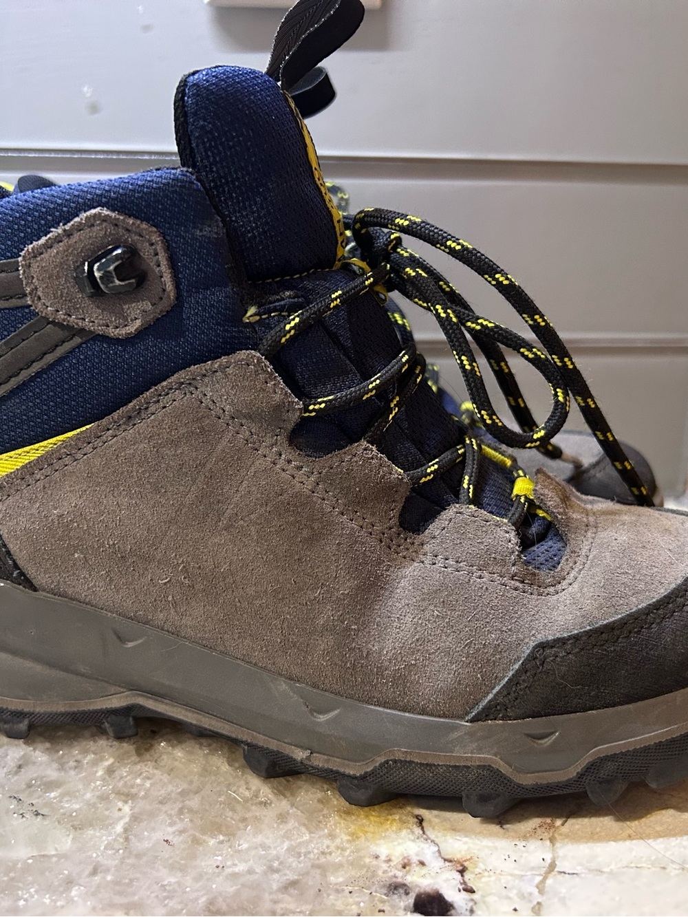 Kids Suede Hiking Boots in Gray with Navy and Yellow Accents